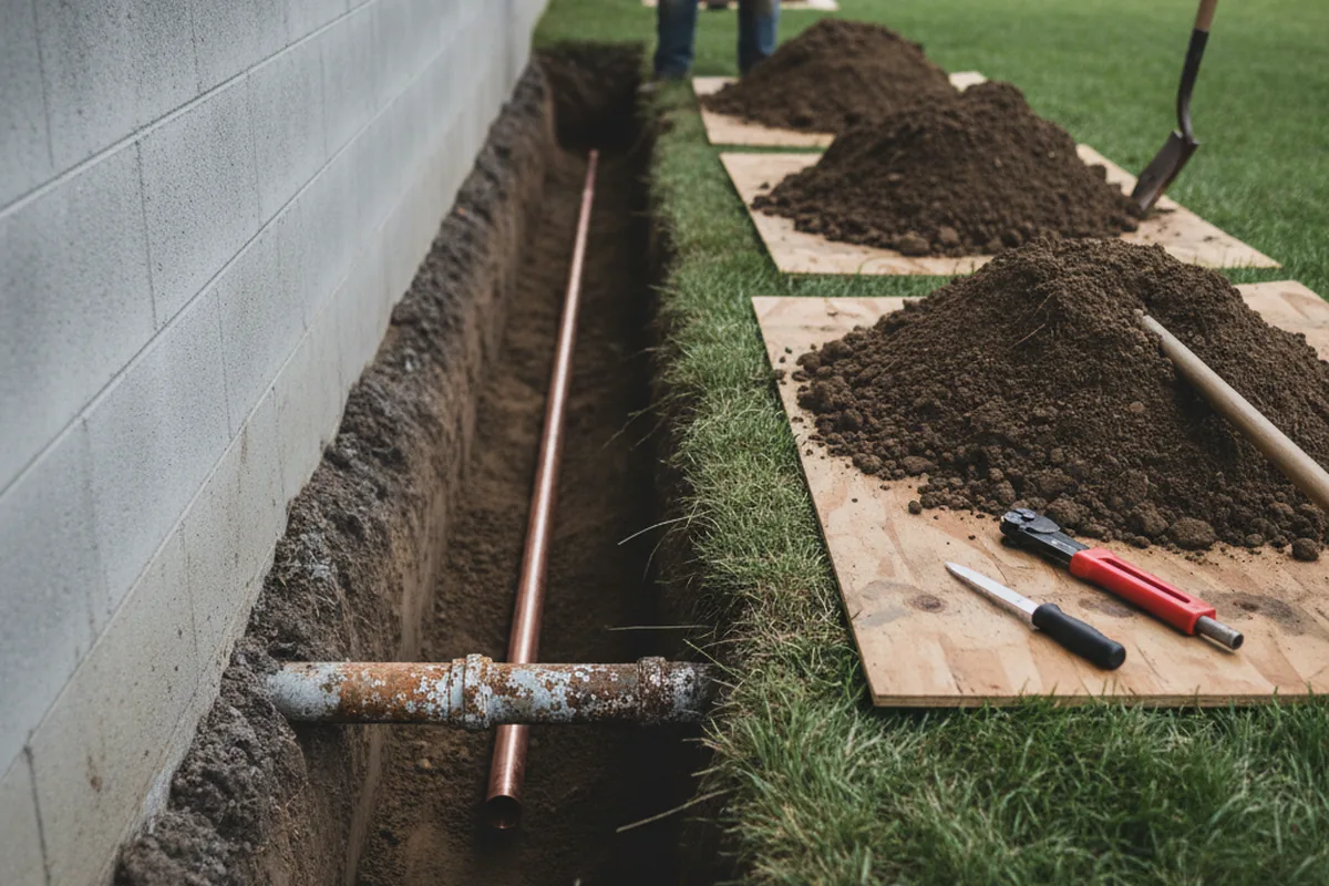 Excavated water line trench during Sewer Line Repair in Deer Park